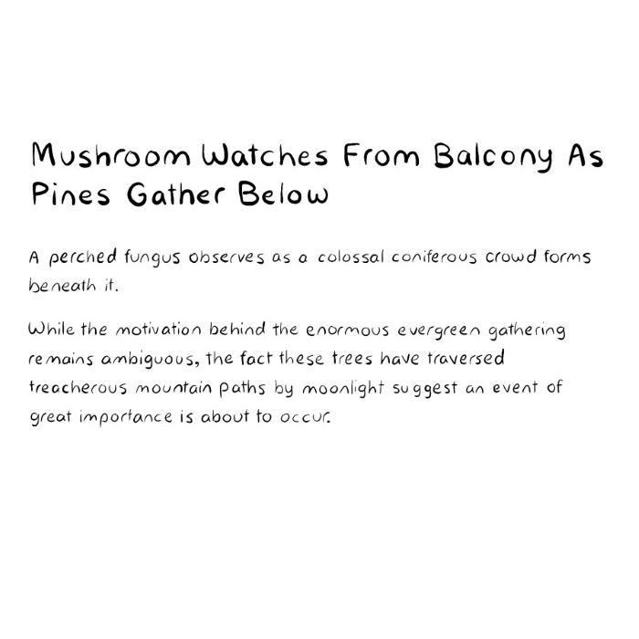 Mushroom Watches From Balcony As Pines Gather Below