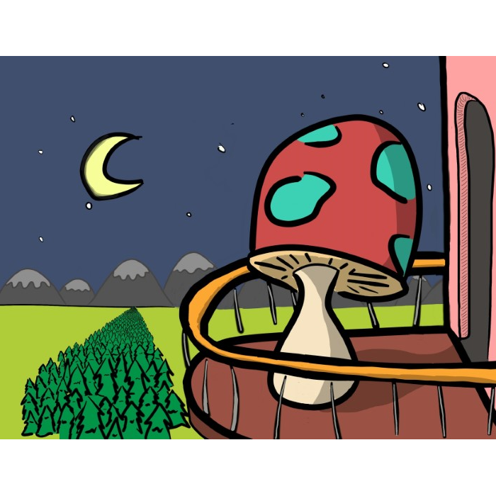 Mushroom Watches From Balcony As Pines Gather Below