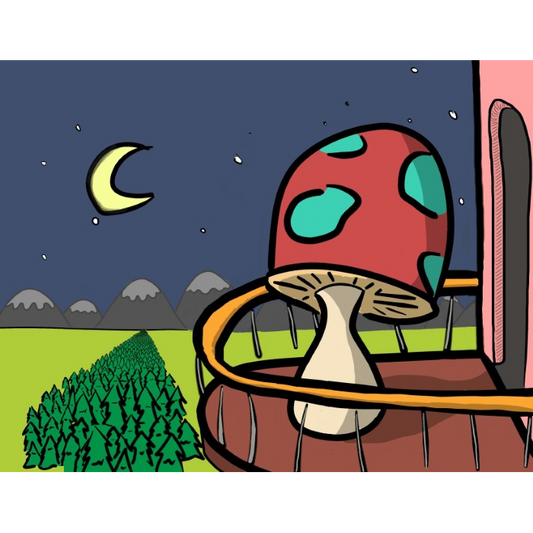 Mushroom Watches From Balcony As Pines Gather Below
