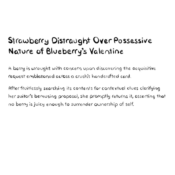 Strawberry Distraught Over Possessive Nature of Blueberry's Valentine
